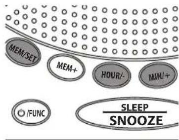 MEM/SET MEM+ HOUR-/- MIN/+ /FUNC SLEEP SNOOZE