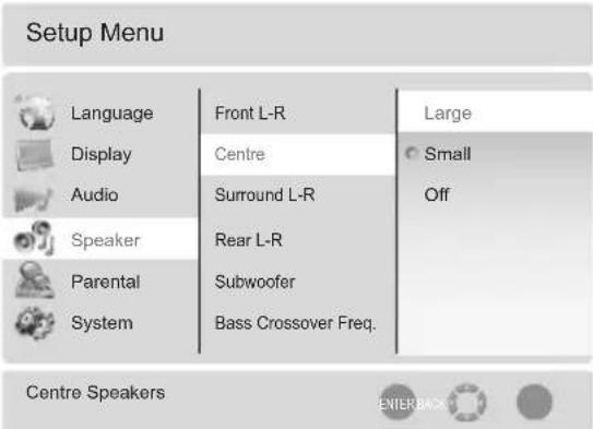 Setup Menu Language Front L-R Large Display Centre Small Audio Surround L-R Off Speaker Rear L-R Parental Subwoofer System Bass Crossover Freq. Centre Speakers ENTER BACK