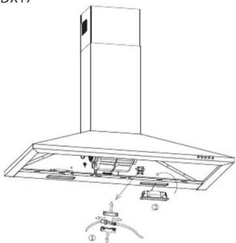Technical diagram of a kitchen air duct with labeled components and directional arrows indicating assembly or movement.