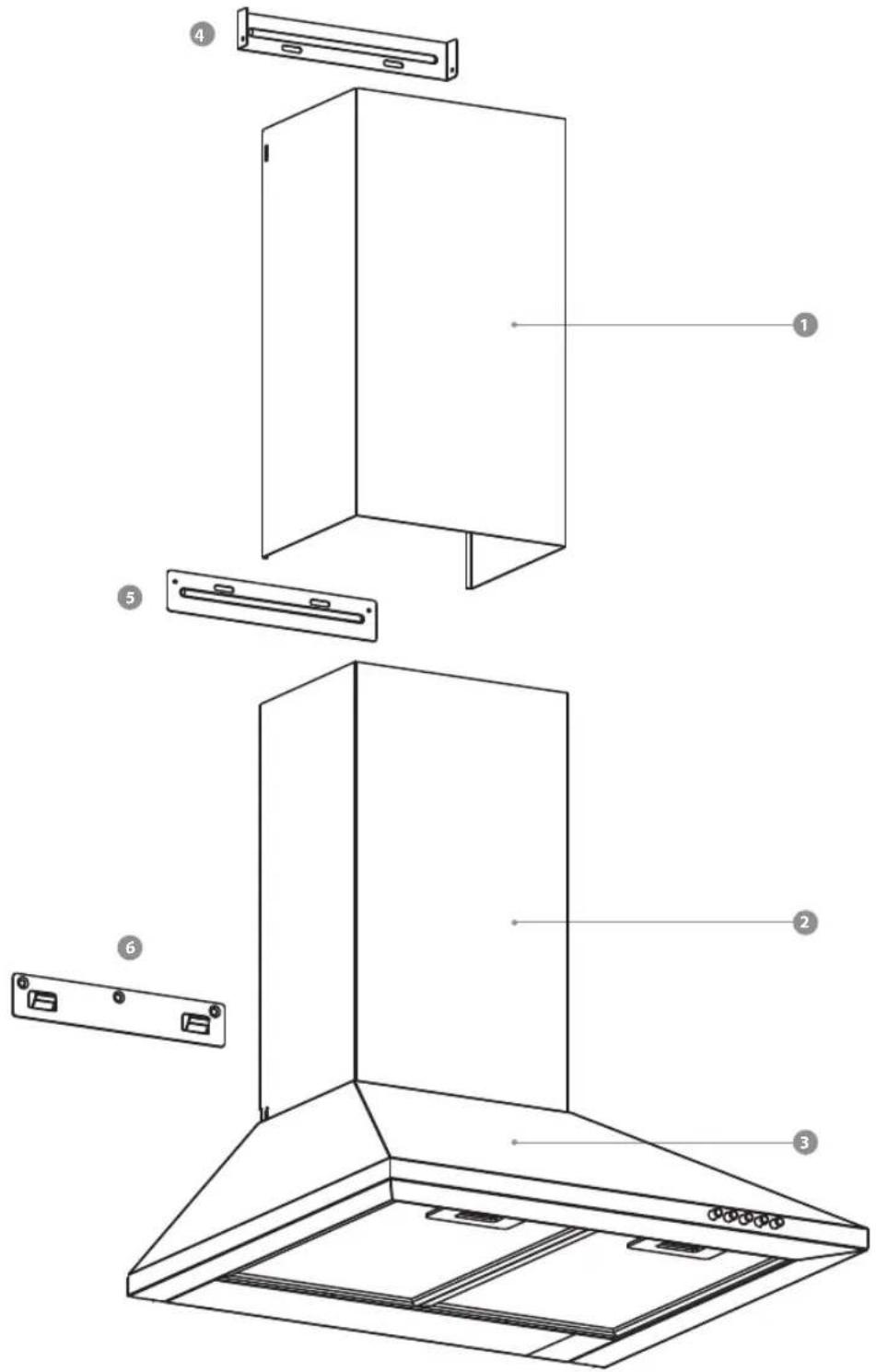 Technical diagram of a kitchen range hood with numbered parts for identification