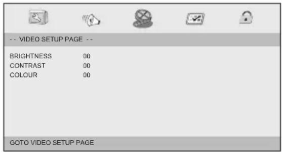 -- VIDEO SETUP PAGE -- BRIGHTNESS 00 CONTRAST 00 COLOUR 00 GOTO VIDEO SETUP PAGE