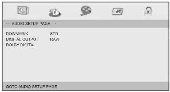 -- AUDIO SETUP PAGE -- DOWNMINX STR DIGITAL OUTPUT RAW DOLBY DIGITAL GOTO AUDIO SETUP PAGE