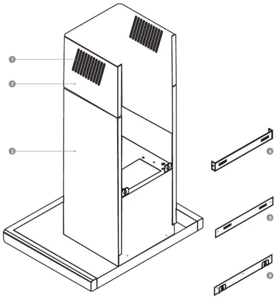 Technical diagram of a server rack with numbered components and exploded view