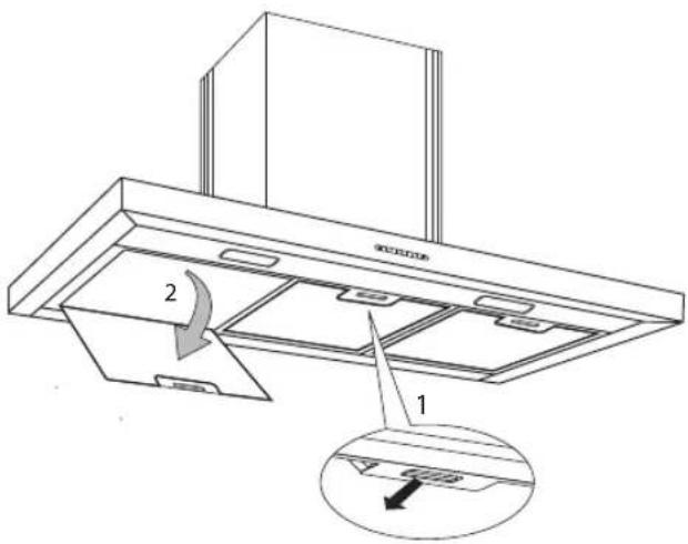 Technical diagram of a kitchen air conditioner with labeled components and directional arrows indicating assembly or movement.