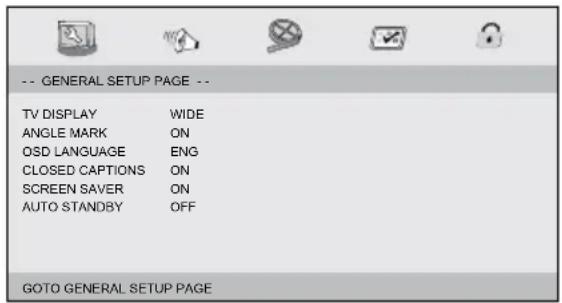 -- GENERAL SETUP PAGE -- TV DISPLAY WIDE ANGLE MARK ON OSD LANGUAGE ENG CLOSED CAPTIONS ON SCREEN SAVER ON AUTO STANDBY OFF GOTO GENERAL SETUP PAGE