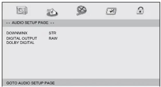 -- AUDIO SETUP PAGE -- DOWNMINX STR DIGITAL OUTPUT RAW DOLBY DIGITAL GOTO AUDIO SETUP PAGE
