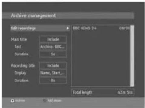 Archive management Edit recording Hait title Include Foot: Archive: SBC... Duration: So... Recording title Include Display: Name, Start... Duration: No SBC HOMS 24 04/06 Total length 42m 51s Add user
