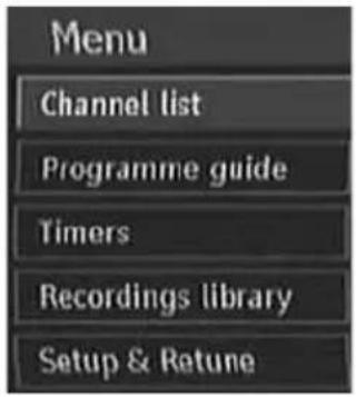 Menu Channel list Programme guide Timers Recordings library Setup & Retune