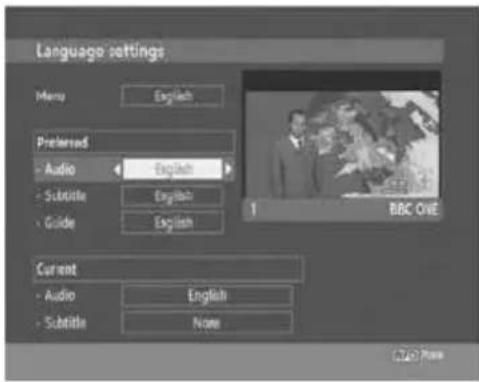 Language settings Menu English Preferred - Audio English - Subtitle English - Guide English Current - Audio English - Subtitle None 1 BBC ONE