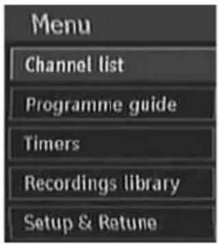 Menu Channel list Programme guide Timers Recordings library Setup & Retune