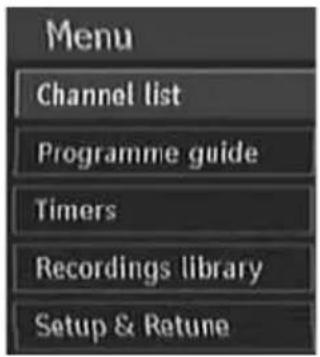 Menu Channel list Programme guide Timers Recordings library Setup & Retune