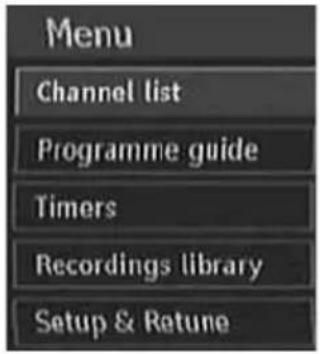 Menu Channel list Programme guide Timers Recordings library Setup & Retune