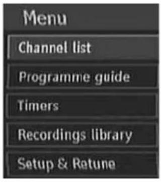 Menu Channel list Programme guide Timers Recordings library Setup & Retune