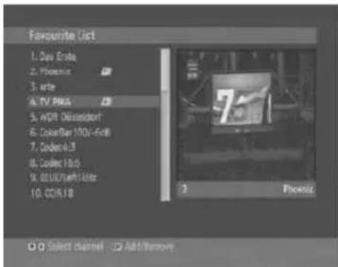 Favourite List 1. Our Erste 2. Phoenix 3. arte ▲ TV Plus 5. HDR Disseldorf 6. ColorBar 100/400 7. Codec4.3 8. Codec 10.0 9. BISIL/Left Light 10. CD16.18 Phoenix