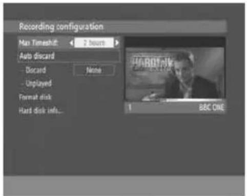 Recording configuration Max Timeshit 2 hours Auto discard - Discard None - Unplayed Format disk Hard disk info... 1 BBC ONE