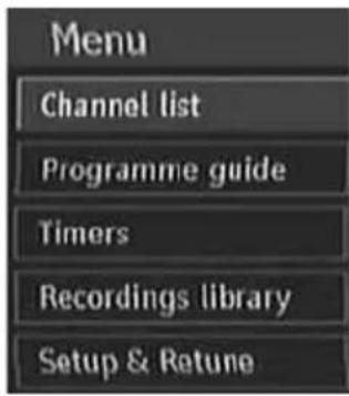 Menu Channel list Programme guide Timers Recordings library Setup & Retune