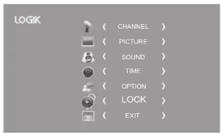 LOGIK ( CHANNEL ) ( PICTURE ) ( SOUND ) ( TIME ) ( OPTION ) ( LOCK ) ( EXIT )