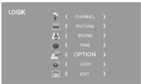 LOGIK ( CHANNEL ) ( PICTURE ) ( SOUND ) ( TIME ) ( OPTION ) ( LOCK ) ( EXIT )