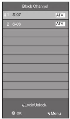 Block Channel 1 S-07 ATV 2 S-08 ATV Lock/Unlock OK Menu