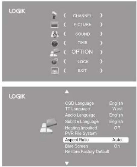 LOGIK CHANNEL > PICTURE > SOUND > TIME > OPTION > LOCK > EXIT > LOGIK OSD Language English TT Language West Audio Language English Subtitle Language English Hearing Impaired Off PVR File System Aspect Ratio Auto Blue Screen On Restore Factory Default