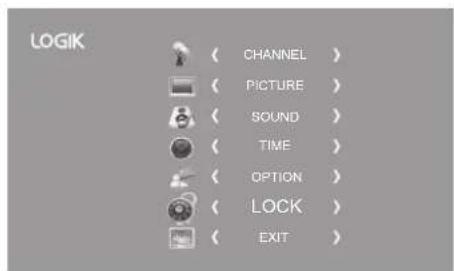 LOGIK ( CHANNEL ) ( PICTURE ) ( SOUND ) ( TIME ) ( OPTION ) ( LOCK ) ( EXIT )