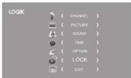 LOGIK ( CHANNEL ) ( PICTURE ) ( SOUND ) ( TIME ) ( OPTION ) ( LOCK ) ( EXIT )