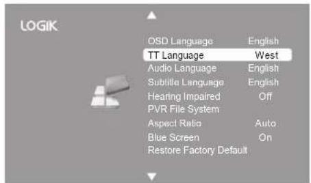 LOGIK OSD Language English TT Language West Audio Language English Sublitta Language English Hearing Impaired Off PVR File System Aspect Ratio Auto Blue Screen On Restore Factory Default