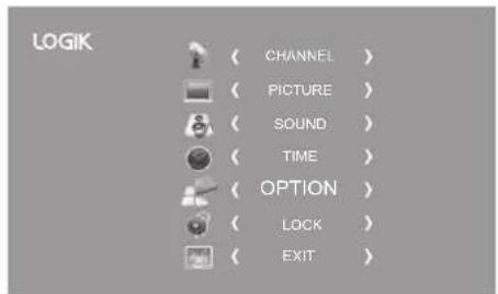 LOGIK ( CHANNEL ) ( PICTURE ) ( SOUND ) ( TIME ) ( OPTION ) ( LOCK ) ( EXIT )