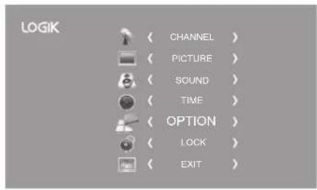 LOGIK ( CHANNEL ) ( PICTURE ) ( SOUND ) ( TIME ) ( OPTION ) ( LOCK ) ( EXIT )