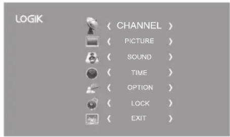 LOGIK < CHANNEL > < PICTURE > < SOUND > < TIME > < OPTION > < LOCK > < EXIT >