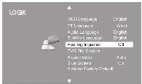 LOGIK OSD Language English TT Language West Audio Language English Subtitle Language English Hearing Impaired Off PVR File System Aspect Ratio Auto Blue Screen On Restore Factory Default
