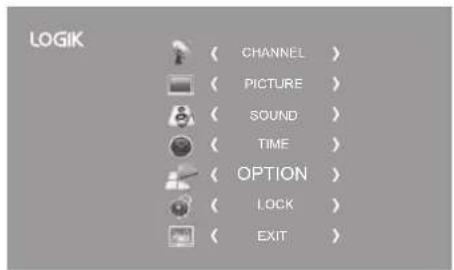 LOGIK ( CHANNEL ) ( PICTURE ) ( SOUND ) ( TIME ) ( OPTION ) ( LOCK ) ( EXIT )