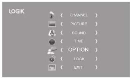 LOGIK ( CHANNEL ) ( PICTURE ) ( SOUND ) ( TIME ) ( OPTION ) ( LOCK ) ( EXIT )