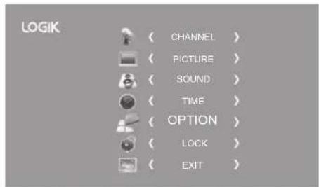 LOGIK ( CHANNEL ) ( PICTURE ) ( SOUND ) ( TIME ) ( OPTION ) ( LOCK ) ( EXIT )