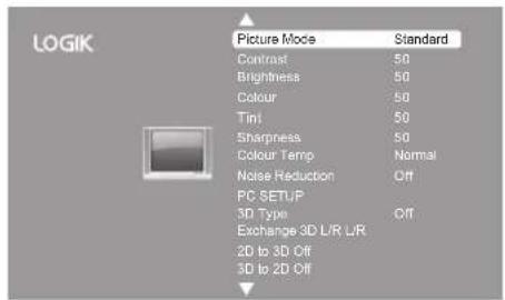 LOGIK Picture Mode Standard Contrast 50 Brightness 50 Colour 50 Tint 50 Sharpness 50 Colour Temp Normal Noise Reduction Off PC SETUP 3D Type Off Exchange 3D L/R L/R 2D to 3D Off 3D to 2D Off
