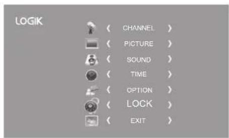 LOGIK ( CHANNEL ) ( PICTURE ) ( SOUND ) ( TIME ) ( OPTION ) ( LOCK ) ( EXIT )