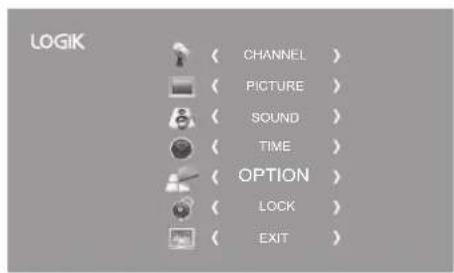 LOGIK ( CHANNEL ) ( PICTURE ) ( SOUND ) ( TIME ) ( OPTION ) ( LOCK ) ( EXIT )