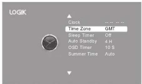 LOGIK Clock Time Zone GMT Sleep Timer Off Auto Standby 4 H OSD Timer 10 S Summer Time Auto