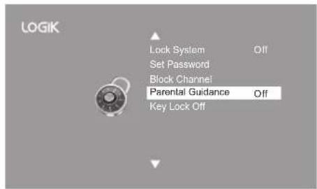 LOGIK Lock System Off Set Password Block Channel Parental Guidance Off Key Lock Off