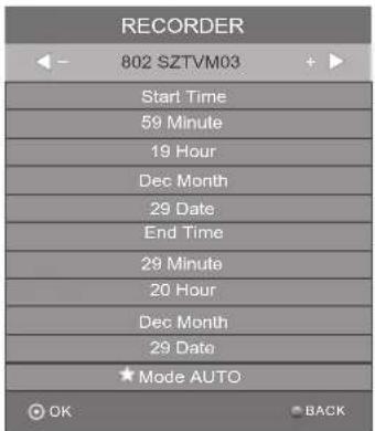 RECORDER 802 SZTVM03 Start Time 59 Minute 19 Hour Dec Month 29 Date End Time 29 Minute 20 Hour Dec Month 29 Date ★ Mode AUTO OK BACK