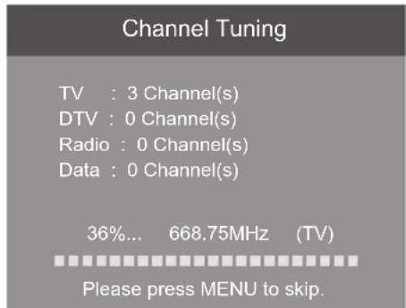 Channel Tuning TV : 3 Channel(s) DTV : 0 Channel(s) Radio : 0 Channel(s) Data : 0 Channel(s) 36%... 668.75MHz (TV) Please press MENU to skip.
