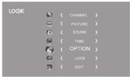 LOGIK ( CHANNEL ) ( PICTURE ) ( SOUND ) ( TIME ) ( OPTION ) ( LOCK ) ( EXIT )