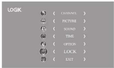 LOGIK ( CHANNEL ) ( PICTURE ) ( SOUND ) ( TIME ) ( OPTION ) ( LOCK ) ( EXIT )