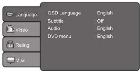 Language Video Rating Misc OSD Language : English Subtitle : Off Audio : English DVD menu : English