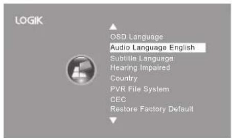 LOGIK OSD Language Audio Language English Subtitle Language Hearing Impaired Country PVR File System CEC Restore Factory Default