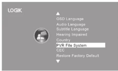 LOGIK OSD Language Audio Language Subtitle Language Hearing Impaired Country PVR File System CEC Restore Factory Default