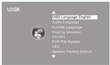 LOGIK OSD Language English Audio Language Subtitle Language Hearing Impaired Country PVR File System CEC Restore Factory Default