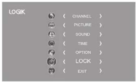 LOGIK ( CHANNEL ) ( PICTURE ) ( SOUND ) ( TIME ) ( OPTION ) ( LOCK ) ( EXIT )