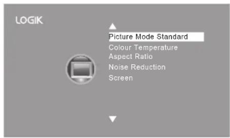 LOGIK Picture Mode Standard Colour Temperature Aspect Ratio Noise Reduction Screen