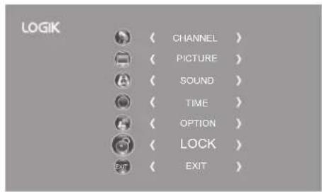 LOGIK CHANNEL > PICTURE > SOUND > TIME > OPTION > LOCK > EXIT >
